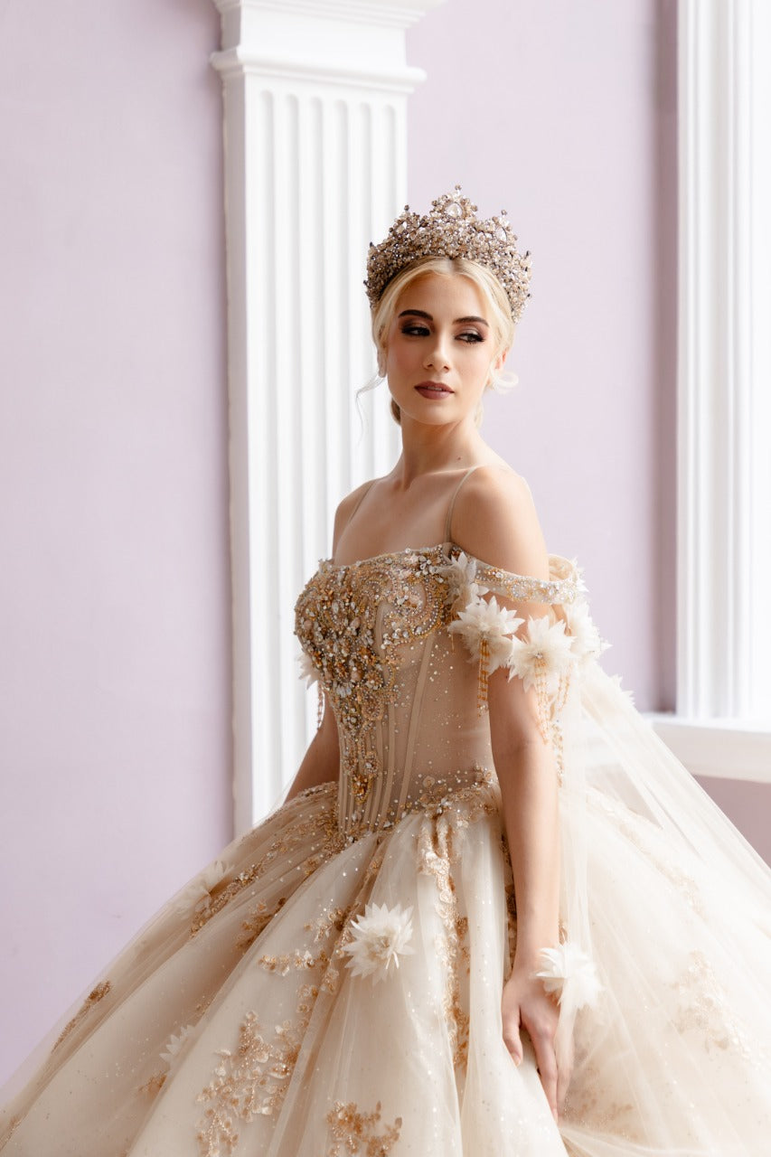 corona de quinceanos champagne con cristales austriacos
