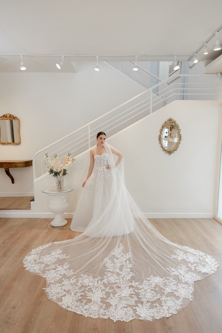 Velo de Novia de Tul de Seda Español con Encaje Bordado a Mano