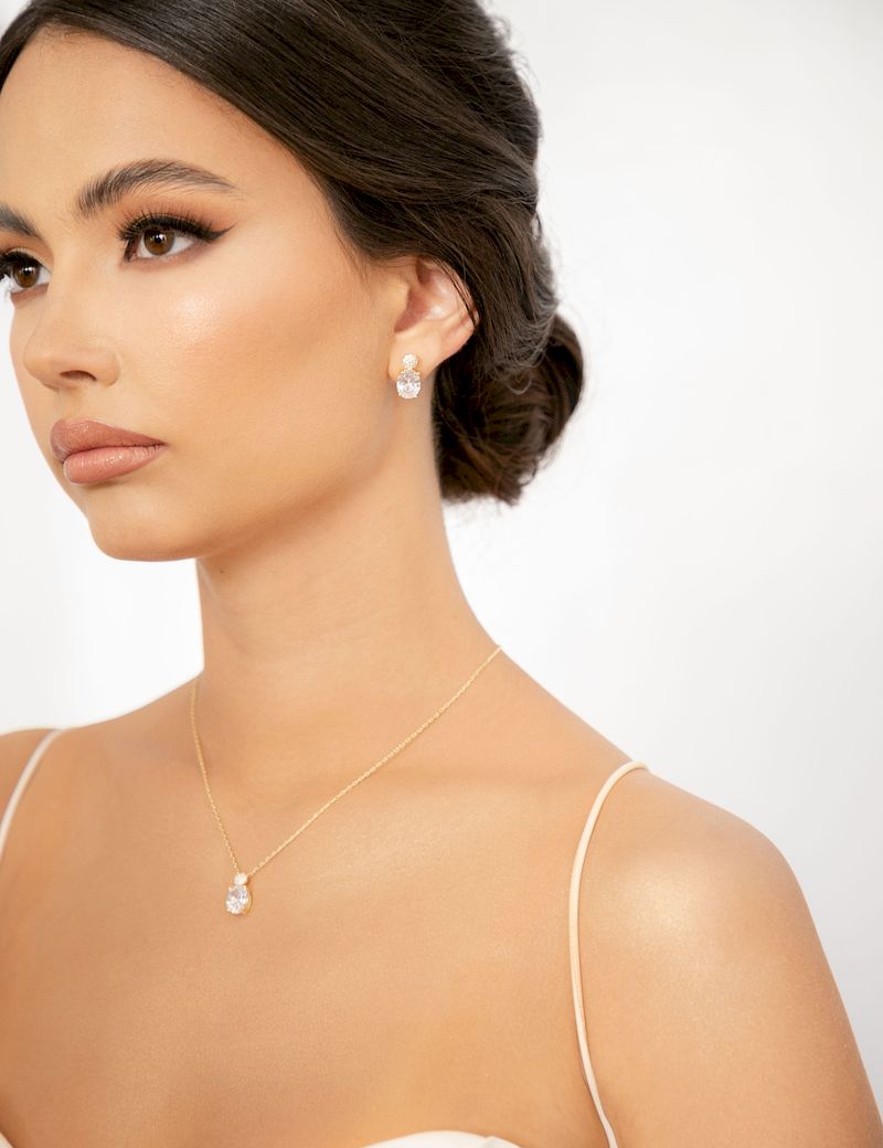 Juego de Aretes y Collar de Novia en Chapa con Cristal Austriaco