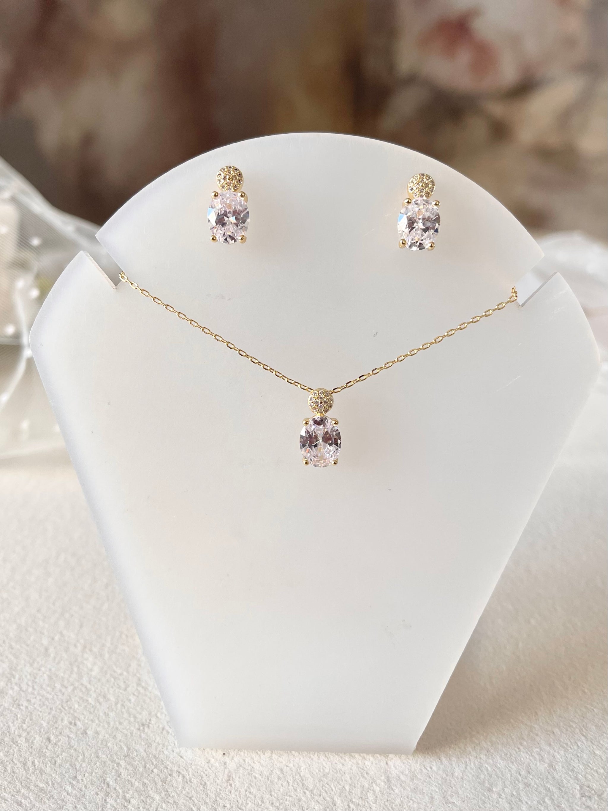 Juego de Aretes y Collar de Novia en Chapa con Cristal Austriaco